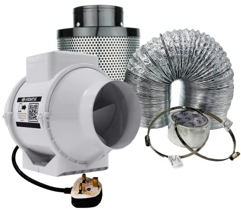 VENTS Hydroponic ventilation kit (4 - 100mm) Compact Indoor Intake Extractor Fan Carbon Filter Setup in-line Duct Fan Kit for Grow Room Tent Ventilation with Ducting Hose Pipe Clips