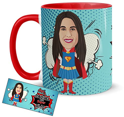 Kembilove Tazas Desayuno con Caricaturas Personalizadas y Nombre – Tazas de café Personalizadas Aquí bebe una Super Hija – Regalos originales Familia