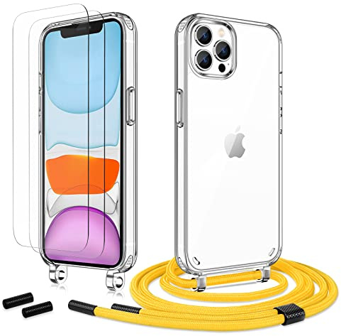 Anshow Handykette für iPhone 13 Pro Max Hülle mit Band + 2 Schutzfolie, Robust Necklace Extrem Stoßfest Handyhülle iPhone 13 Pro Max Case Transparent Schutzhülle zum Umhängeband Abnehmbar, Gelb