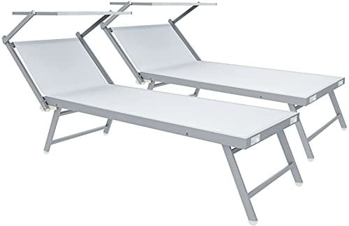 Coppia Di Lettini Prendisole 720 gr/m² Professionale Pieghevole In Alluminio Tettuccio Orientabile Parasole Lettino Prendi Sole Sdraio Mare Piscina Spiaggia Giardino 182 x 60 x 38 cm (Bianco)