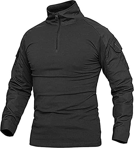 Uugood Chemise Militaire Homme, T-Shirt de Combat à Manches Longues, Airsoft BDU Shirt Camouflage Uniforme Tactique Chemise Multicam pour l'armée Paintball Chasse, Noir, XL
