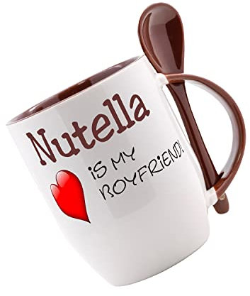 Tasse mit Löffel Nutella is my boyfried Löffeltasse, Kaffeetasse mit Motiv,Bürotasse, bedruckte Tasse mit Sprüchen oder Bildern