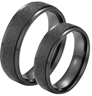 Bishilin Partnerringe Edelstahl, Bandring 6MM Schwarz Ring Matt Damen Gr.65 (20.7) + Herren Gr.57 (18.1), Verlobungsringe Paar Trauringe für 2
