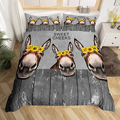 Manfei Esel-Bettwäsche-Set für Doppelbett, Sonnenblumen-Motiv, 3-teilig, für Kinder, Jungen, Mädchen, Schlafzimmer, Dekoration, rustikaler Bauernhaus-Bettbezug, grauer Holzdielen-Bettbezug mit 2