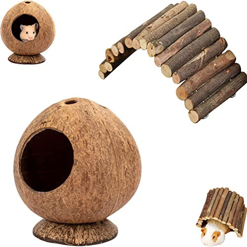 YANJIY 2 Pièces Nid Hamster Noix De Coco, Jouet d'Escalade, Pont d'Échelle En Bois Pour Le Repos Et Les Loisirs Des Animaux De Compagnie