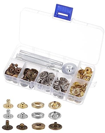 sourcing map 30 Set Schnellverschlüsse Kit 12.5mm Metall Presse Nieten Knöpfe mit 4 Einrichter Werkzeuge und Lagerbox für Bekleidung Leder Nähen