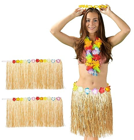 Relaxdays Hula Rock, 3er Set, 50 cm lang, Klettverschluss, Hawaiirock mit Blumen, Kostümrock für Damen & Herren, bunt