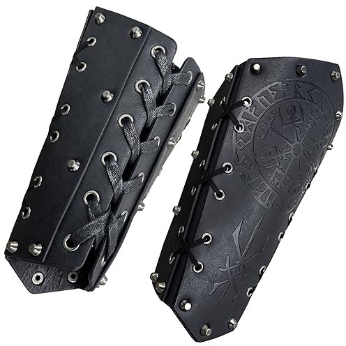 HiiFeuer Mittelalterliche Geprägte Armschienen, Retro Armschützer Aus Kunstleder, Vintage Armschützer Für LARP, Ren Faire (Schwarz C)