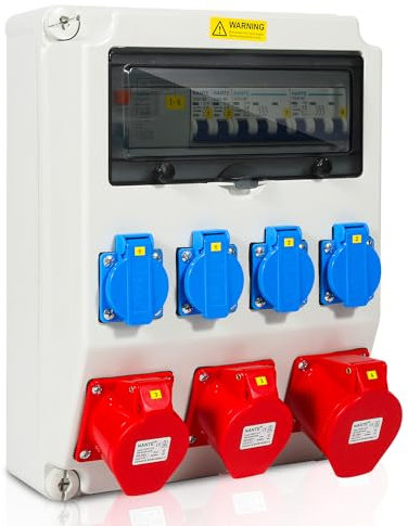 Eulenke Wandverteiler mit FI-Schutzschalter, Baustromverteiler CEE 1x32A+2x16A 5P, 4x230V Schuko Steckdosen, mit Leitungsschutzschalter, IP44 Wasserdicht mit Sicherheitsklappdeckeln