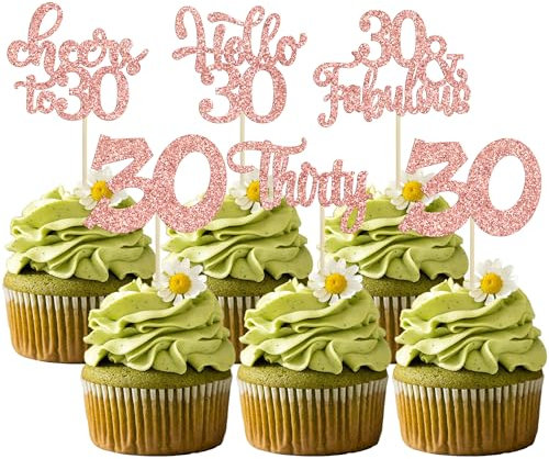 30Pcs Happy 30th Birthday Cupcake Toppers Rose Gold Glitter Thirty Cheers to 30 Birthday Cupcake Picks for Happy 30th Birthday Anniversary Party Cake Decorations Supplies
