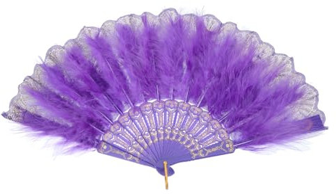 sourcing map Feather Hand Fan,Purple Vintage Folding Fan Feather Fan Handheld for Halloween Party Wedding Dancing Decoration