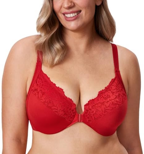 DELIMIRA Women's Front Fastening Bra Racer Back Lace Plus Size Non Padded Underwired Lipstick Red 38F