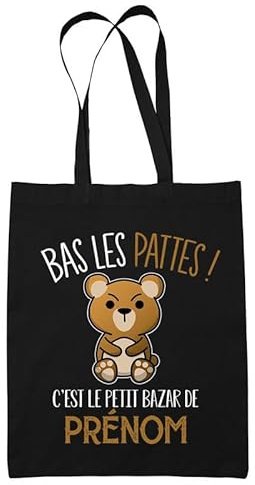 Planetee Tote bag Noir prénom personnalisable bas les pattes | Sac Cabas en toile à personnaliser Prénom Surnom Nom de Famille Anniversaire Noël