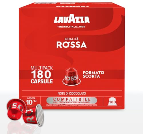 Lavazza, Qualità Rossa, 180 Capsule di Caffè in Alluminio Compatibili con Macchine Nespresso* Original, con Note di Cioccolato e Frutta Secca, Arabica e Robusta, Intensità 10/13, Tostatura Media