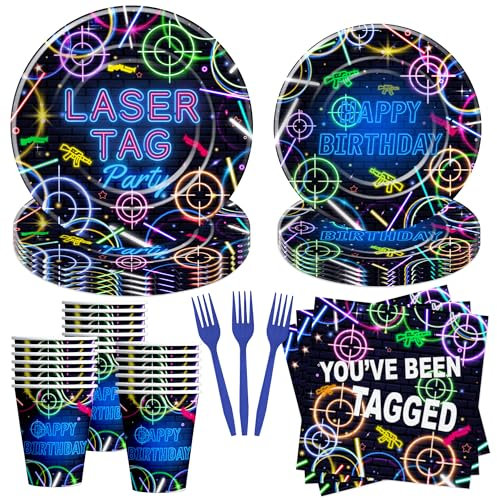 Xenorik Neon Glow Laser Tag Birthday Party Supplies - 24pc Set (Plates, Cups, Napkins, Forks) for Kids & Adults