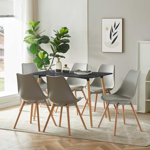 LafeuR Esszimmergruppe Esstisch mit 6 Stühlen, Rechteckig Küchentisch-Set Essgruppe für Küche Esszimmer und Wohnzimmer (Schwarz Tisch+6 Grau Esszimmerstühle)