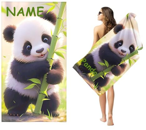 Goplnma Personalisiert Panda Strandtuch mit Namen, 3D Personalisierte Mikrofaser Strandtuch Groß 70x140cm Badetuch Cartoon Panda Strandtücher Panda für Strand (60 x 120 cm,1)