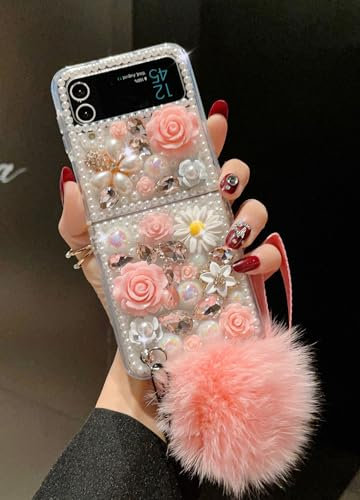 Szakdws Coque antichoc en strass pour Samsung Galaxy Z Flip 4 5G avec sangle en fourrure et peluche, rose 3D étincelant et strass en cristal avec cordon en fourrure