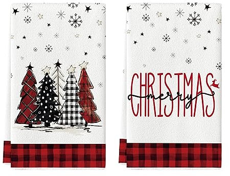 Artoid Mode Rot Weiß Büffelkaro Bäume Bar Weihnachten Küchentücher Geschirrtücher, 42x65 cm Mikrofaser Saugfähig Handtücher Küchen Deko 2er Set