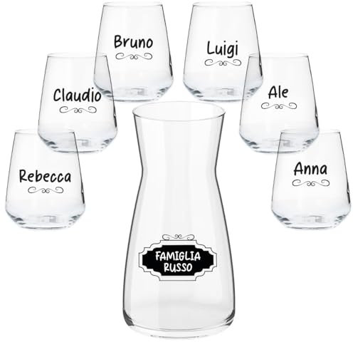 Set Caraffa e 6 Bicchieri Personalizzati con Cognome Famiglia e Nomi Adatti ad Acqua Vino Birra Tutte le Bevande Idea Regalo Casa Cena Pranzo Feste Famiglia Natale Compleanno Decorazioni