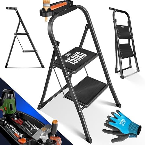 MASKO® Trittleiter Klappleiter 2 Stufen-Leiter Stufenleiter belastbar bis 150 kg | Tritthocker Anti-Rutsch | Klapptritt Leiter inkl. Handschuhe, Werkzeugablage & automatisches Schloss, Schwarz