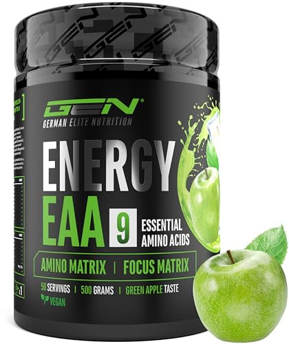 EAA Energy Mix - 500 g - Amino Matrix + Focus Matrix - Zuckerfreie Alternative zu Energy Drinks - Mit Koffein, Taurin, Guarana, N-Acetyl-L-Tyrosin - Pre Workout Booster - Vegan (Grüner Apfel)