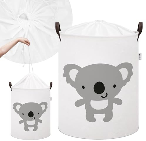 SIPO Spielzeugkorb XL 43L Weiß mit Koala-Motiv Großer Aufbewahrungskorb aus Baumwolle fürs Kinderzimmer für Kuscheltiere Bausteine Bücher Kleidung Faltbar mit Kordelzug und Griffen