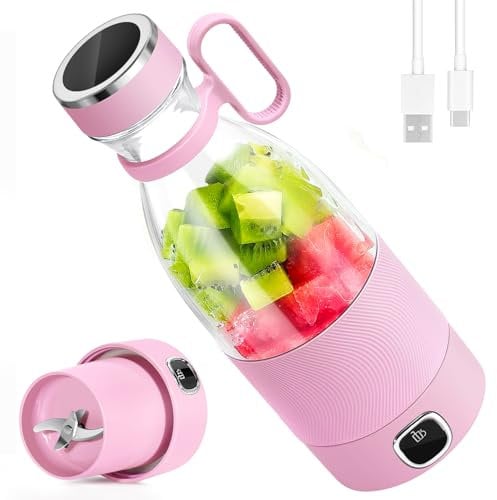 DoubleCare Mini Blender Portable, 6 Lames et Affichage Led, Mixeur Électrique USB avec, 350ml pour Smoothies et Smoothies, 3500mAh Rechargeable, Idéal pour Famille, Sports et Voyage, Rose