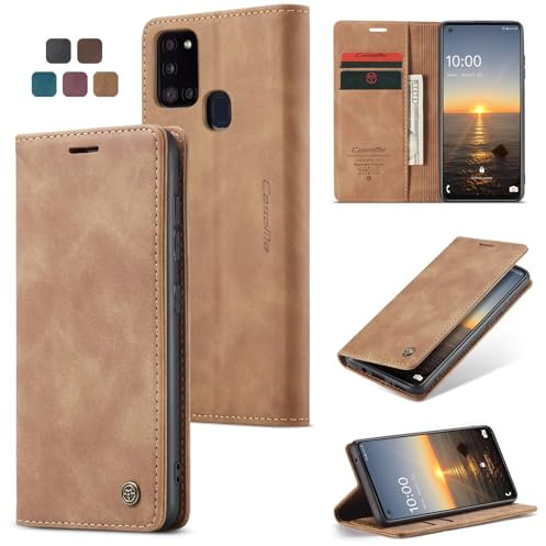 owlhold hülle Samsung Galaxy A21s Klapphülle Premium Lederhülle Weiches Vintage-Nubukleder Faltbare Ständer Klapphülle Kartenfach stoßfest Schutzhülle Handyhülle für Samsung Galaxy A21s - Braun