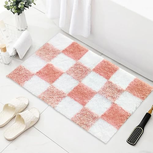 AIBIIN Rutschfeste Badematte, extra weiche Badezimmermatte, flauschige, saugfähige Mikrofaser-Matten für die Badewanne, waschbare Badezimmerteppiche, niedliche Badematte für Duschbecken, kariert, Rosa