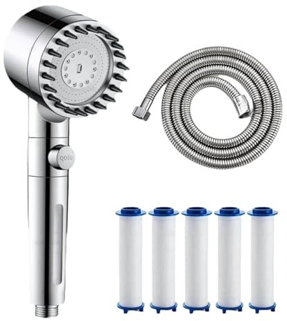 Trissano Duschkopf, Hydro Sense Duschkopf mit 2 Sprühmodi, 12-stufigem Filter und 1,5 m Schlauch (Silbergrau, Silber)