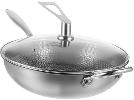 KOCKSHION Wok De Acero Inoxidable Con Estructura De Panal Sartén Antiadherente Tapa Para Cocina Gas y Inducción
