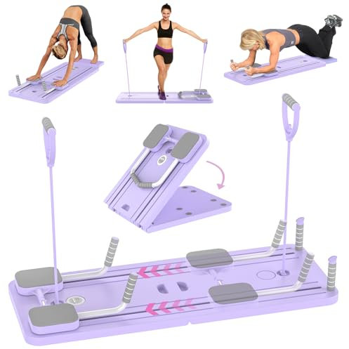 Pilates Reformer Set, 5 in 1 Pilates Reformer Maschine für Zuhause Mit LED-Zähler und Handyhalterung, Multifunktionales Bauchmuskel Brett für Zuhause und Fitnessstudio, Tragbar Faltbar (Violett)