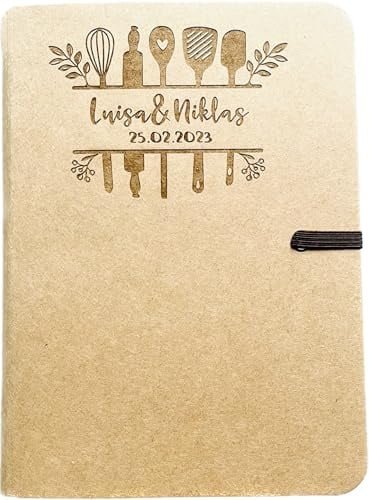 Personalisiertes Rezeptbuch mit Küchenmotiven, A5 Notizbuch zum Selberschreiben, Hochzeitsgeschenk mit Gravur, Kraftpapier, Rezepte für das Brautpaar