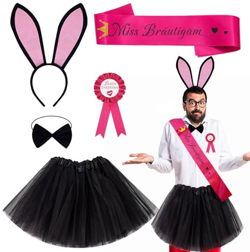 Oerphh Lot de 5 costumes d'enterrement de vie de garçon - Accessoires de fête JGA - Écharpe, oreilles de lapin, jupe tutu, corsage - Déguisement amusant pour enterrement de vie de jeune fille