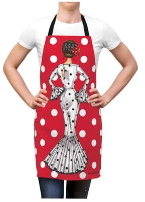 IllustrArte Delantal cocina mujer “maria blanco fondo rojo” con diseño flamenco – 100% poliéster lavable – 78x65 cm – hecho en España