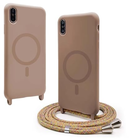 BGHHEU Magnetica Cover per iPhone XS/iPhone X con Cordino,[Compatible con Magsafe],Custodia Silicone con Regolabile Collana Sottile Morbida Case,Marrone