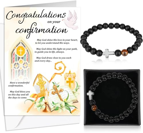 HOWAF Confirmation Card Congratulations Card & Black Natural Stone Cross Bracelet, Gift Box, Confirmation Gifts for Boy, Son, Grandson, Nephew