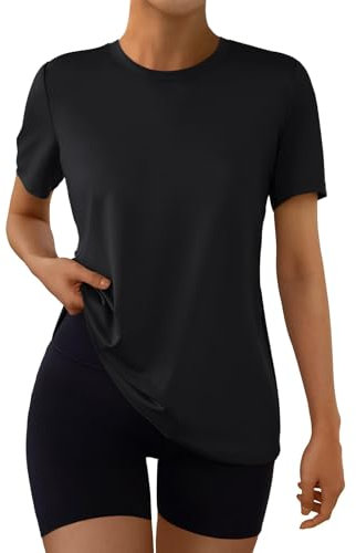Suncife Damen-Workout-Tops, kurzärmelig, Fitnessstudio, Sommer, athletisch, Yoga, lockere Passform, Schwarz, L