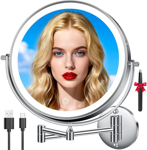Auxmir 25,4 cm wandmontierter Make-up-Spiegel, wiederaufladbar, 1 x 30 x doppelseitige Vergrößerung, Rasierspiegel mit 3 Farblichtern