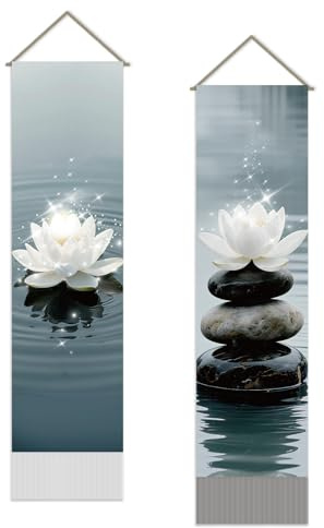 SUPERDANT 2 Stück Lotusblumen Wandteppich Spiritueller Wandbehang Meditations Lotus Wandkunst Wandteppich Boho Decke Wandteppiche Mit Quaste Für Wohnzimmer Yoga Raum 130x33cm