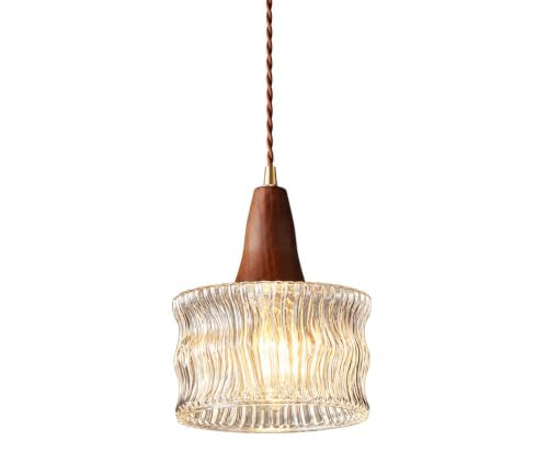 HJXDtech Vintage Pendelleuchte mit 17cm Glasschirm & Nussbaumholz-Optik, Höhenverstellbare E27 Glas Hängelampe für Wohnzimmer, Schlafzimmer & Küche (Klar)
