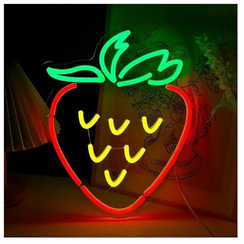 Decoración de Fiesta con Letrero de neón Letrero De Neón De Fresa con Luz LED Regulable para Frutería, Fiesta, Cumpleaños, Dormitorio, Tienda, Restaurante, Hogar, Decoración De Pared, 29cmx32cm