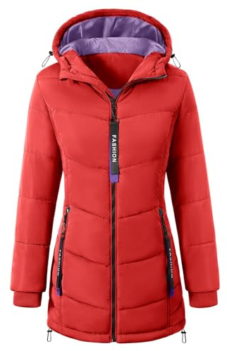 Yuson Girl Wintermantel Damen Warm Steppjacke Parka Lang Mantel Winter Jacke mit Kapuze Herbst Winter Steppmantel Outdoorjacke Elegant Kapuzenmantel mit Zipper, Tasche(Rot, XL)