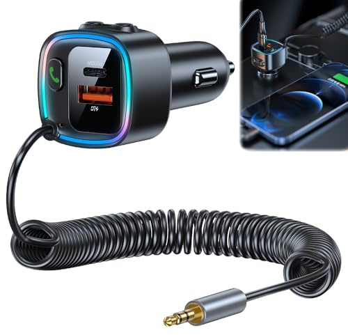 SGZIOO Bluetooth Adapter Auto Aux, 5.4 Bluetooth Aux Adapters, Adapter Auto Zigarettenanzünder, mit 90cm Federdraht, 3,5 mm AUX Audioanschluss, mit PD 30W & QC 12W Schnellladung