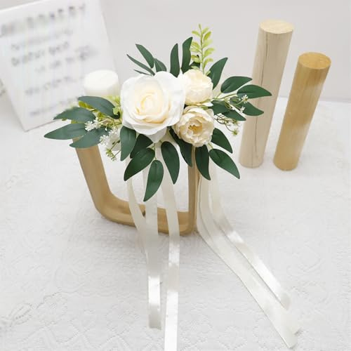 Xiyocadt 2 Stück Hochzeits Stuhl Rücken Blumen, Künstliche Rosenblumen, Autoschmuck Hochzeit, StuhllehnenBlumendekoration, Kirchenbank Stuhldekoration mit Bändern für Hochzeitsfeier (Champagner)