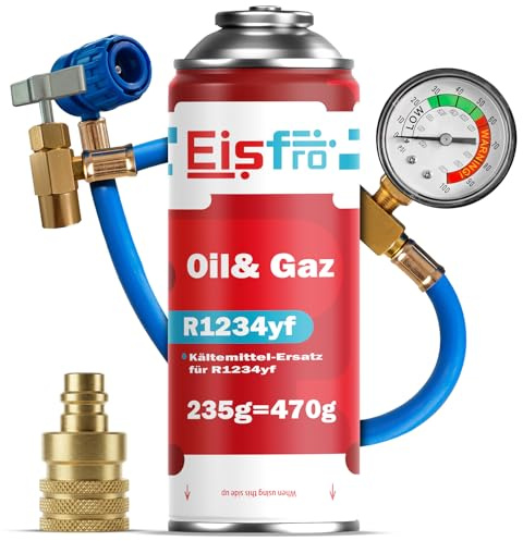 Eisfro - Kit de Recarga de Aire Acondicionado sustituto R1234yf con Gas sustituto R1234yf 3 en 1 – 2 x 235 g – Gas sustituto R1234yf – Eco – con Adaptador AZ y Manguera