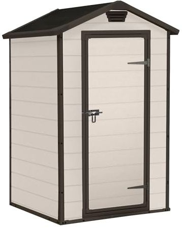 FRANKYSTAR® Manor 4 x 3 - Abri de jardin 129 x 196 x 103 cm 1 porte pour rangement outils, finition effet bois rayé, en résine, beige
