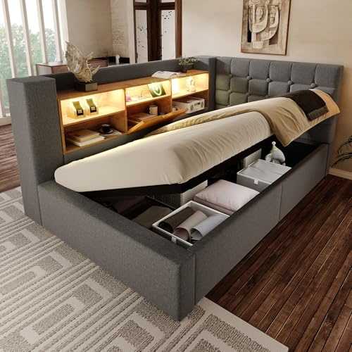 Ktipm Upholstered 3ft Single Sofa Bed with Hydraulic Storage and USB, Day Bed Sofabed with LED Light and Storage Compartment, Daybed Sofa Beds for Living Room/Bedroom, Without Mattress, Linen, Grey