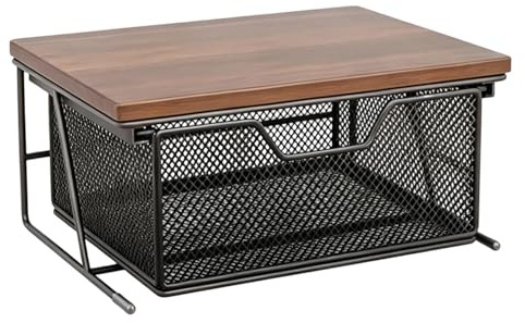 Kawiithn Organizador de Encimera de Cocina, Soporte para Cafeteras con Cajón de Rejilla Deslizable, Estante de Madera y Metal para Microondas & Tostadora, Almacenaje de Cápsulas y Tazas, 37x26x16cm